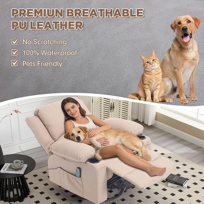 Leather Recliner Chair with Heat and Massage Cup Holder, Thickly Padded Overstuffed Rocking Glider Chair, Swivel Rocker Recliner Chair for Nursery, Khaki