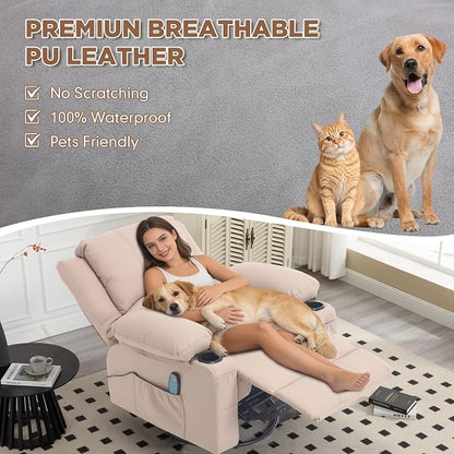 Leather Recliner Chair with Heat and Massage Cup Holder, Thickly Padded Overstuffed Rocking Glider Chair, Swivel Rocker Recliner Chair for Nursery, Khaki
