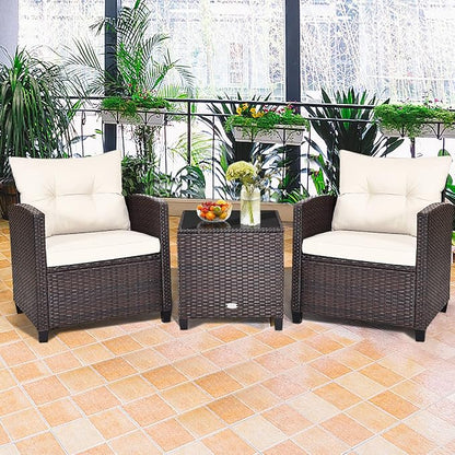 COSTWAY 3PCS Patio Furniture Set, PE Rattan Wicker Sofa w/Washable Cushion and Coffee Table, Tempered Glass Tabletop, Outdoor Conversation Set for Balcony, Porch, Yard, Backyard, Lawn, White