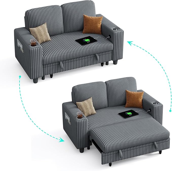 LINSY HOME Sectional Sleeper Sofa Pull Out Couches for Living Room (Grey, Pull Out Couch) | Pull Out Sofa Bed, Storage, USB Charging, Cup Holders, Plush Corduroy