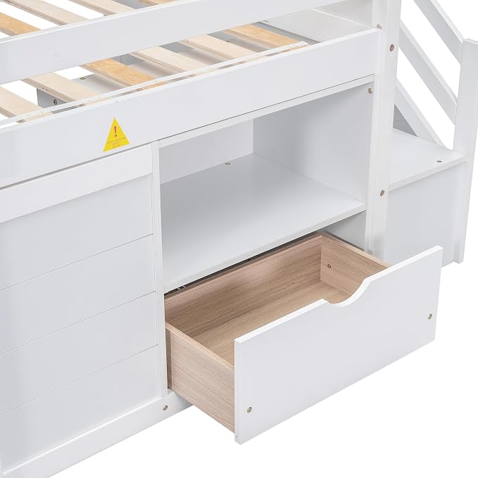 Bellemave Twin Size Low loft Bed for Kids,Wood Loft Beds,Modern Farmhouse Twin loft Bed,Loft Bed with Desk and Storage, No Box Spring Needed,for Kids,White