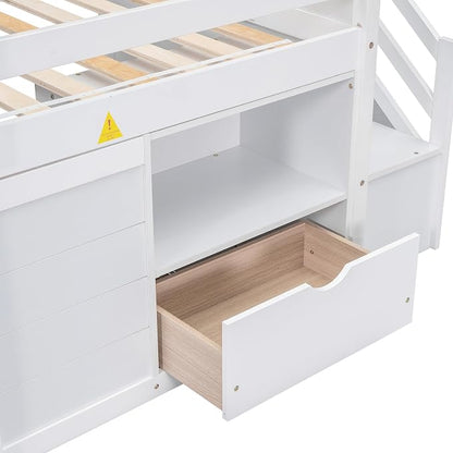 Bellemave Twin Size Low loft Bed for Kids,Wood Loft Beds,Modern Farmhouse Twin loft Bed,Loft Bed with Desk and Storage, No Box Spring Needed,for Kids,White