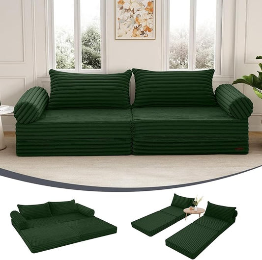 MeMoreCool Convertible Sofa Bed, Folding Floor Couch Bed Queen, Pull Out Sleeper Couch with Pillows, Fold Out Futon Sofa for Bedroom Living Room Small Space, Corduroy Green