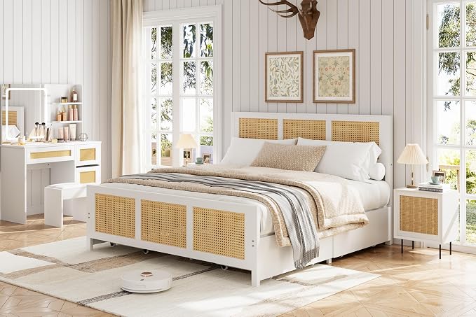 Garvee Rattan King Bed Frame with LED Headboard (7 Colors), Boho Cane Platform Bed with 4 Large Drawers, Strong Metal Slats Support, Noise Free, No Box Spring Needed, Easy Assembly, White