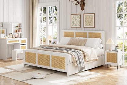 Garvee Rattan King Bed Frame with LED Headboard (7 Colors), Boho Cane Platform Bed with 4 Large Drawers, Strong Metal Slats Support, Noise Free, No Box Spring Needed, Easy Assembly, White