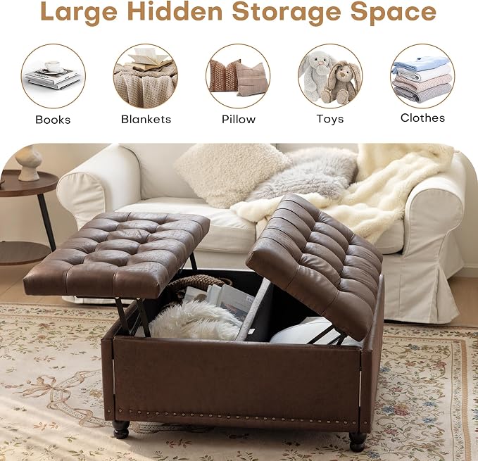 Redlife 35 Inch Large Square Storage Ottoman, Storage Ottoman Coffee Table with Lift Top Faux Leather Ottomans Bench Square Footrest Oversized Upholstered Coffee Table for Living Room (Dark Brown)