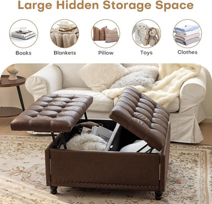 Redlife 35 Inch Large Square Storage Ottoman, Storage Ottoman Coffee Table with Lift Top Faux Leather Ottomans Bench Square Footrest Oversized Upholstered Coffee Table for Living Room (Dark Brown)