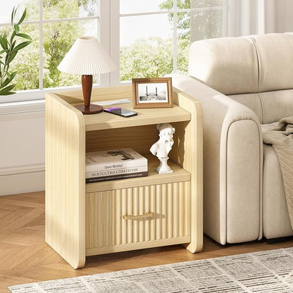 Night Stand with Charger Station - Modern Wood Nightstand with Drawer Storage, Fluted Wide Nightstands Bedside Table, Mid Century Night Stands for Bedroom Home Office Sofa, Natural