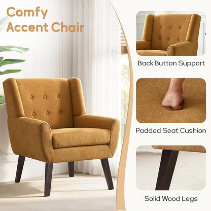 HUIMO Accent Chair, Button Tufted Upholstered Sofa Chairs, Comfy Linen Fabric Armchair for Bedroom, Reading, Mid-Century Modern Living Room Chair (Yellow)