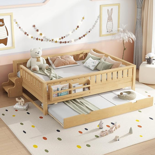 Bellemave Queen Kids Montessori Bed with Stairs, Bookshelf and Trundle, Solid Wood Kids Bed Frame with Storage for Boys Girls, Low Profile,Light Natural
