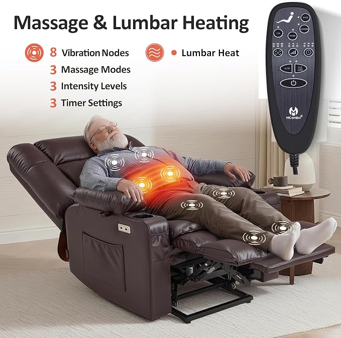 MCombo Dual Motor Power Lift Recliner Chair for Elderly, Lay Flat Lift Chair with Heat and Massage, Oversized Lift Recliner for Big and Tall, Faux Leather R7891 (Dark Brown, Large-Wide)