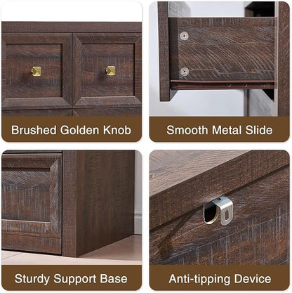 3 Piece Bedroom Set - Includes 6 Drawer Dresser and 3 Drawer King Size Nightstands Set of 2 with Charging Station, 3 Piece Farmhouse Dresser and Nightstand Sets,Brown