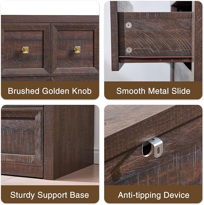 4 Piece Bedroom Set - Includes 6 Drawer Dresser, 5 Drawer Wood Dresser and 3 Drawer King Size Nightstands Set of 2 with Charging Station, 4 Piece Farmhouse Dresser and Nightstand Sets,Brown