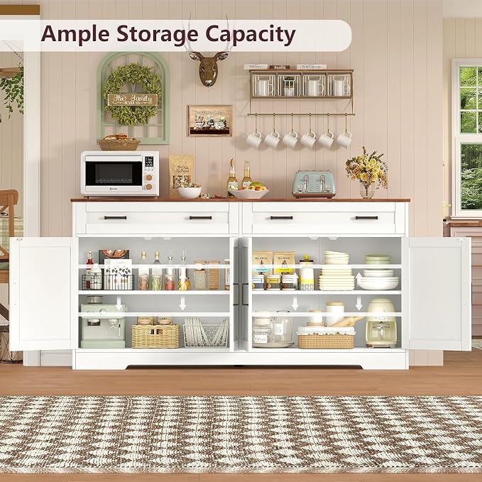 usikey Buffet Cabinet with Storage and Drawers, 55" Large Sideboard Buffet Cabinet with Adjustable Shelves and Doors, Modern Coffee Bar for Kitchen, Living Room, White