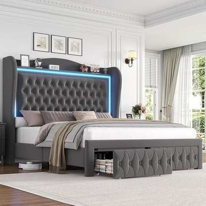 Queen Bed Frame 55" Tall Headboard with LED Lights, Buttons Tufted Velvet Upholstered Platform Bed Frame with 2 Storage Drawers, Wood Slats Support Mattress Foundation, No Box Spring Needed, Grey