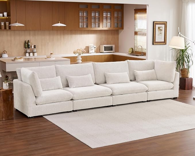 154" Oversized Chenille Couch Modular Sectional Sofa, Washable Cloud Couch Sectional, 4 Seater Sectional Couches for Living Room, Fully Cover Removable, Basic 4 Seater, Chenille, White