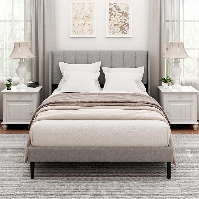 Sismplly Queen Size Bed Frame and Headboard,Vertical Channel Tufted Wingback No Box Spring Needed, Mattress Foundation, Easy Assembly Light Grey, Linen