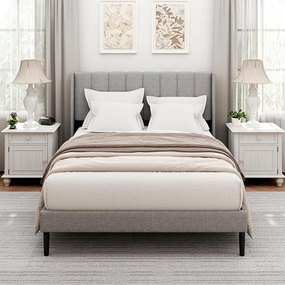 Sismplly Queen Size Bed Frame and Headboard,Vertical Channel Tufted Wingback No Box Spring Needed, Mattress Foundation, Easy Assembly Light Grey, Linen