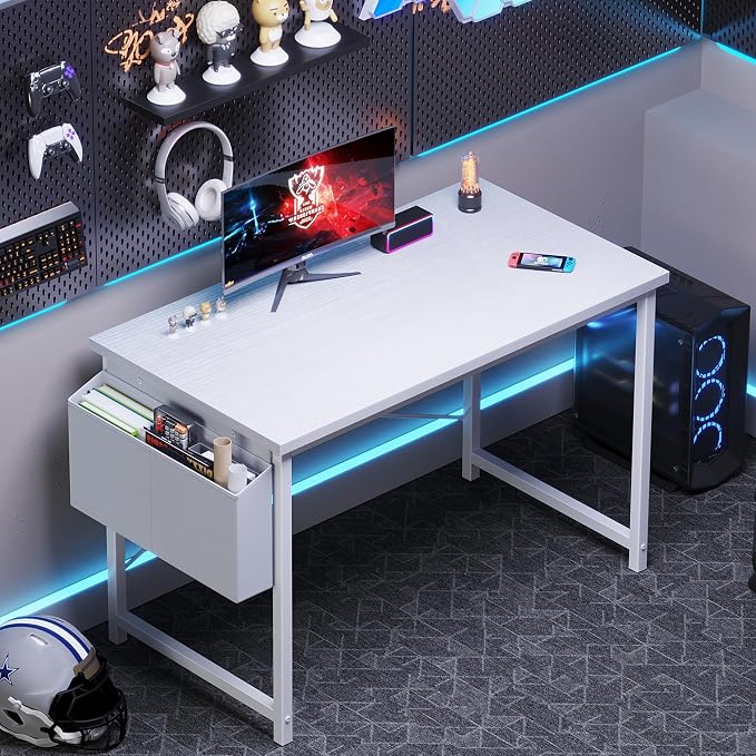 OLIXIS Computer Desk, 44 Inch Home Office Desks for Small Spaces, Writing Craft Study Gaming Table for Bedroom, Modern Computer Workstation with Storage Bag, All White
