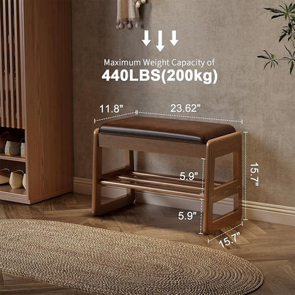 AQIMUELE Shoe Rack Bench,2 Tiers Shoe Bench with Storage with Flip-Top,Wood Shoe Rack for Entryway,Hallway（Dark Walnut Upholstered Seat,11.8" D x 23.62" W x 15.7" H）