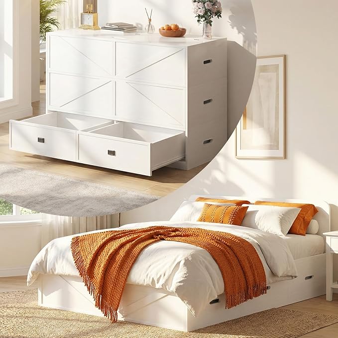 CECER 3-in-1 Queen Murphy Bed with Mattress for Small Space -White | Multi-Functional Desgin that Converts to Sofa Set，Bed and Cabinet，Easy Assemble ＆ Conversion