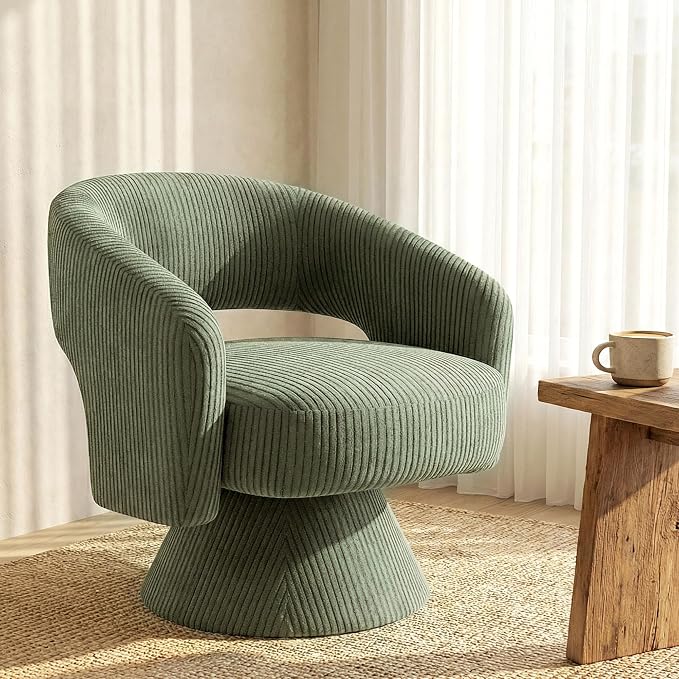 HOMCOM 360° Swivel Accent Chair, Corduroy Upholstered Barrel Chair, Modern Armchair with Thick Padding for Living Room, Bedroom, Reading Room, Green