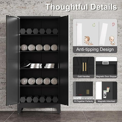 71" H Black Metal Storage Cabinets,Garage Storage Cabinet,Tall Pantry Cabinet with Doors,Kitchen Food Storage Cabinet,Farmhouse Storage Cabinets for Kitchen, Dining Room