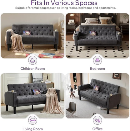 TYBOATLE 62" W Loveseat Sofa w/ 2 USB Charger Ports and 2 Cupholders, Mid-Century Modern Tufted Linen Fabric Small Love Seat Couches for Compact Living Room, Bedroom, Apartment, Dorm