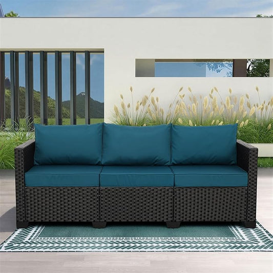 Rattaner Outdoor Furniture Outdoor Couch Patio Furniture 3-seat Sofa Deep Seat Hight Backrest with Waterproof Cover and Anti-Slip Cushions, Peacock Blue