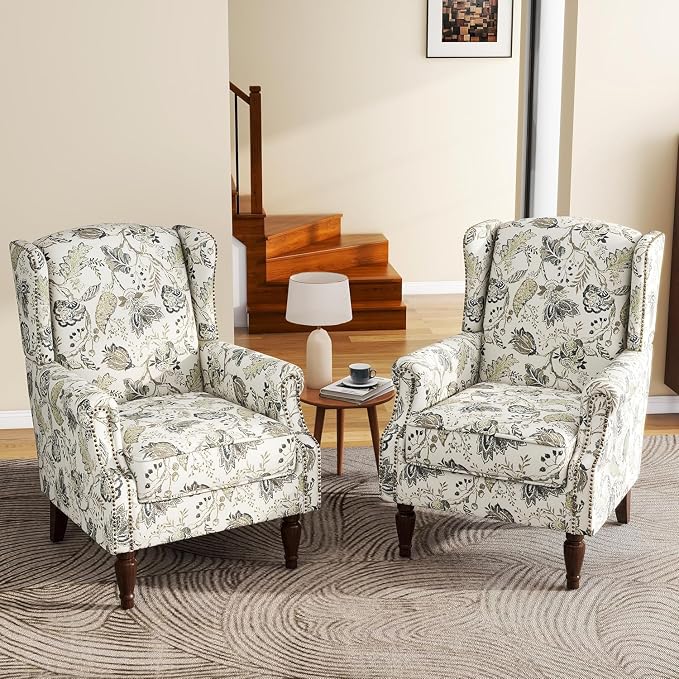 High Back Accent Chair, Fabric Upholstered Armchair Floral Wingback Chair for Living Room, Comfy Solid Wood Legs Bedroom Reading Seat - Plants Beige