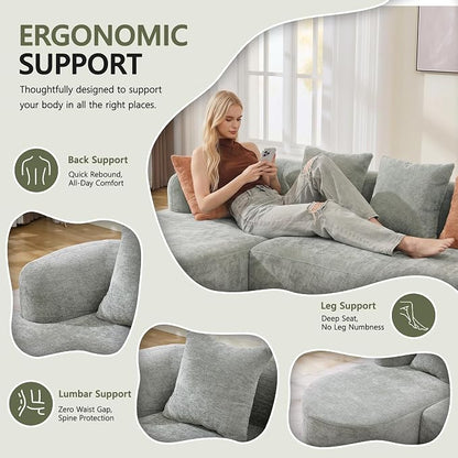 Modular Sectional Boneless Couches, Cloud Sectional Couch with L-Shape Curved Chaise, Modern Comfy Chenille Sofa with Deep Seat for Living Room, Bedroom, No Assembly Required (Greeny)