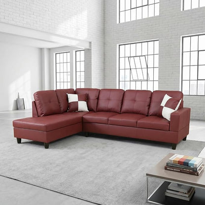 L-Shaped Sectional Sofa, Modern 4-Seat Couch with Left Facing Chaise, Leather Sectional Couch for Living Room, Apartment, Office, Dark Red