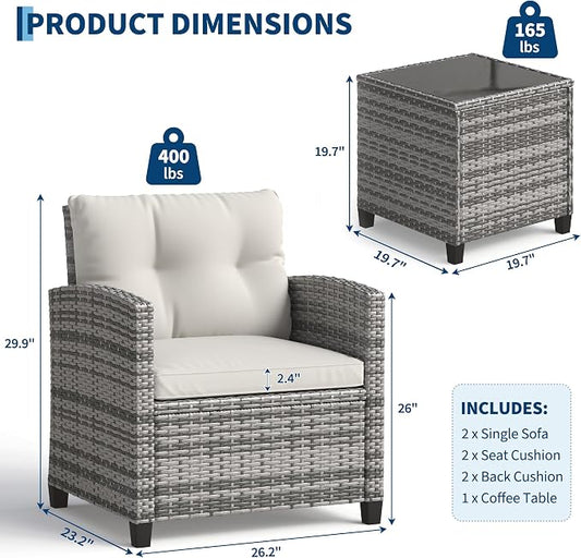GarveeLife 3 Pieces Patio Furniture Set, PE Rattan Patio Conversation Set with Tempered Glass Tabletop, Outdoor Wicker Chairs and Table Set for Patio Balcony Garden, Grey and Beige