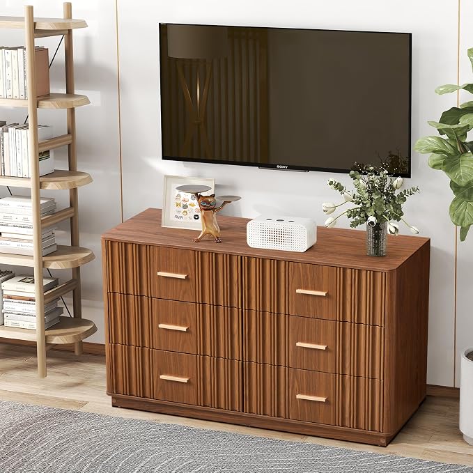 Fluted Double Dresser for Bedroom with 6 Drawers, 47" Wide Modern Chest of Drawers with Curved Profile Design, Wood Closet Clothes Storage Organizer Dresser TV Stand for Living Room, Hallway, Walnut