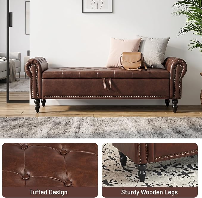 Furniliving 63” End of Bed Storage Bench, Bedroom Bench with Button-Tufted, Upholstered Storage Ottoman Benches Window Bench with Storage, Leather Bench for Living Room, Entryway, PU, Darkbrown