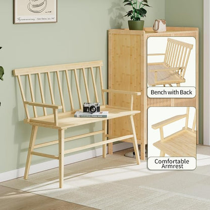 APRTAT Bamboo Entryway Bench, Dining Bench with Spindle Back (Natural) | Natural Bamboo & H-Shaped Support, Spindle Back, Ideal for entryways, bedrooms, outdoor settings, Easy Assembly & Clean