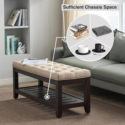 adochr Linen Large Rectangular Ottoman with Storage, Upholstered Entryway Bench for Living Room, Oversized Button Tufted Ottoman with Wood Shelf Storage, Light Brown