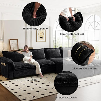 KKL Sectional Modular Sofa Bed, 4 Seater Cloud Couch with Ottoman, Chenille Sectional Couches for Living Room, Apartment, Black