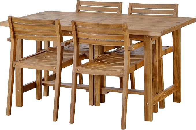 Quarte 5-Piece Outdoor Acacia Wood Dining Set, 59.06-Inch Rectangular Table with Umbrella Hole & 4 Chairs,Patio/Garden/Poolside Furniture for Family Gatherings (Natural-r2)