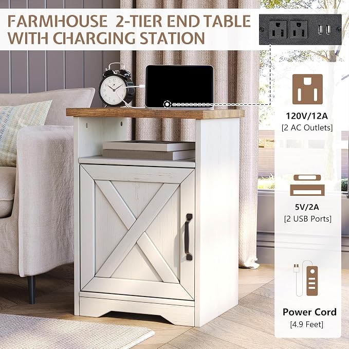 LUXOAK 3-Piece Farmhouse Living Room Table Sets, Includes 1 x Coffee Table, 2 x End Tables with Charging Station & USB Ports, Rustic Coffee Table Set of 3, Distressed White