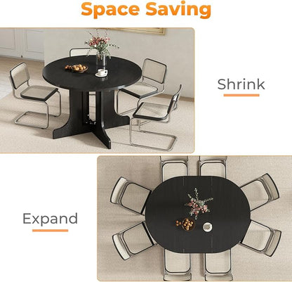 Zevemomo 43"-59" Round Extendable Dining Table for 4-6, Black Expandable Dining Room Table with Removable Self, Metal Reinforced Cross Base, Modern Oval Kitchen Table for Small Spaces, Easy Assembly