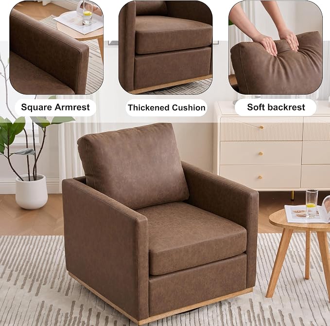 Swivel Accent Chair Set of 2, 360 Degree Square Swivel Chair for Living Room, Mid Century Modern Upholstered Barrel Chair,Comfy Sofa Armchairs for Bedroom,Nursery,PU Leather, Coffee