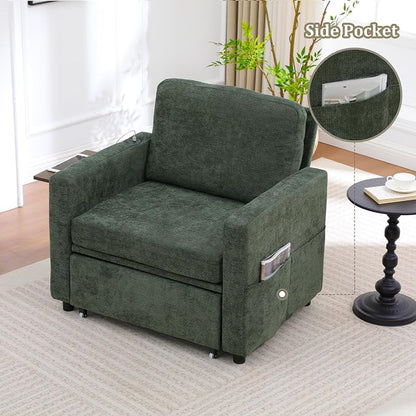 3 in 1 Folding Convertible Sleeper Sofa Bed Pull Out Couch with Side Pockets USB Port Side Table Single Sofa Bed with Adjustable Backrest for Living Room Bedroom 66" DarkGreen 1 SEAT