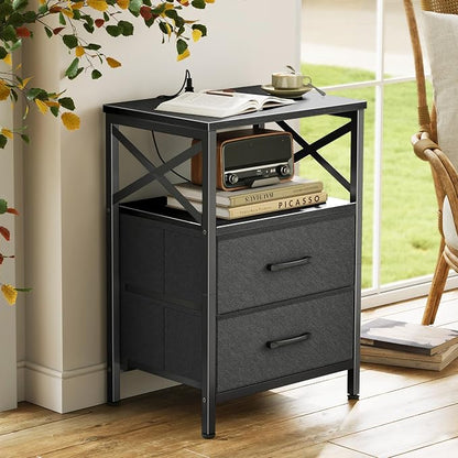 Huuger Nightstands Set of 2, Night Stand with Charger Station, 2 Drawer Side Table with Open Shelf, USB-C Port, End Table for Small Spaces, X Shaped Side Rail, Black