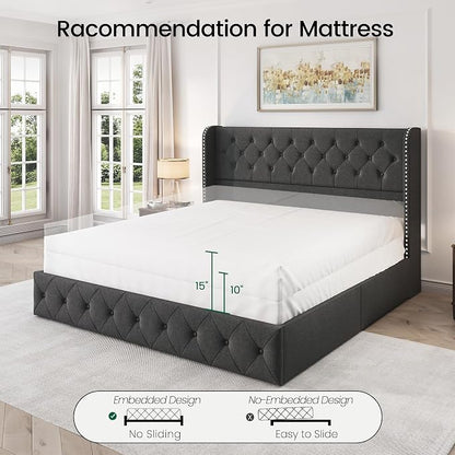 LARMACE King Size Platform Bed Frame with 4 Storage Drawers and 47.2" Tall Tufted Headboard Linen Upholstered Bed Wingback Bed Frame with Wooden Slats Support, Easy Assembly, Dark Grey