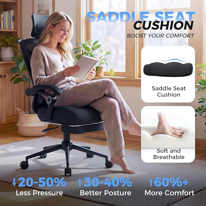 CYKOV Ergonomic Office Chair with Footrest - Adjustable Lumbar Support & Headrest, 90-135° Reclining Mesh Back Computer Chair - Home Office/Gaming, 350lbs Capacity