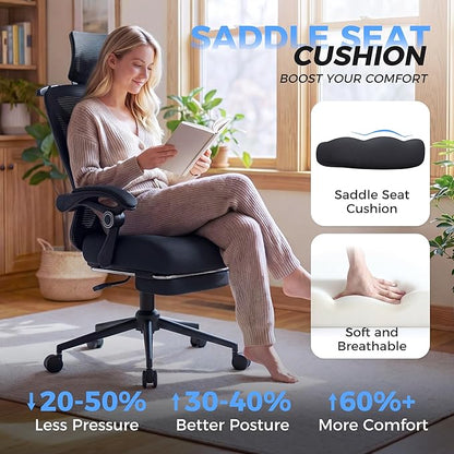 CYKOV Ergonomic Office Chair with Footrest - Adjustable Lumbar Support & Headrest, 90-135° Reclining Mesh Back Computer Chair - Home Office/Gaming, 350lbs Capacity