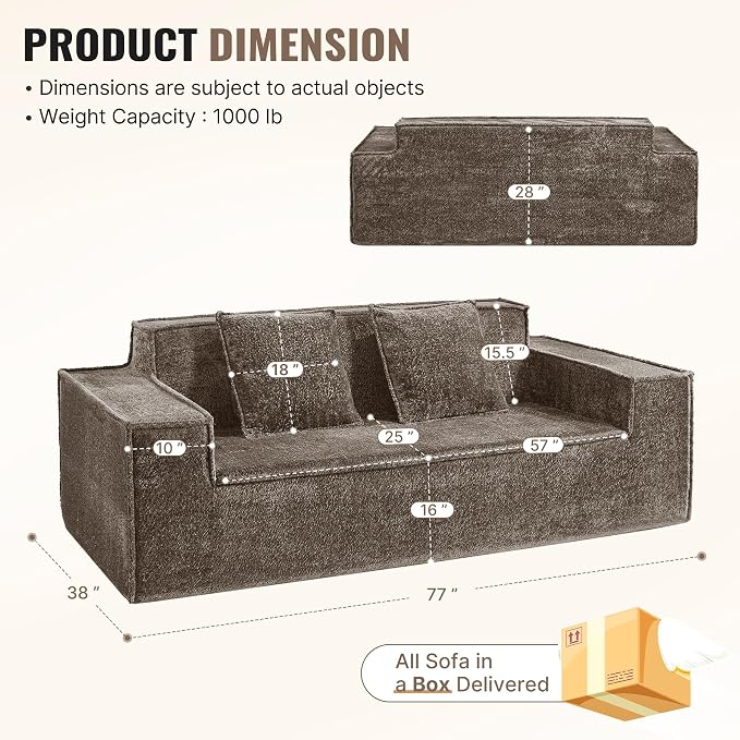 77'' Modern Cloud Loveseat Sofa in Chenille, Deep Seat Boneless Couches Includes 2 pcs Pillows for Living Room, Bedroom, Apartment(Coffe)