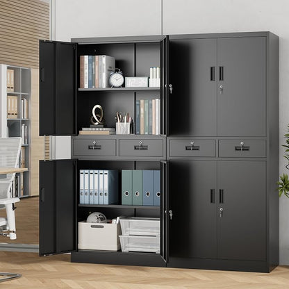 71" H Tall Metal Storage Cabinet with 2 Drawers, Metal Garage Storage Cabinet with Lock and 2 Adjustable Shelves for Home, Office, Garage, Warehouse Organize, Black