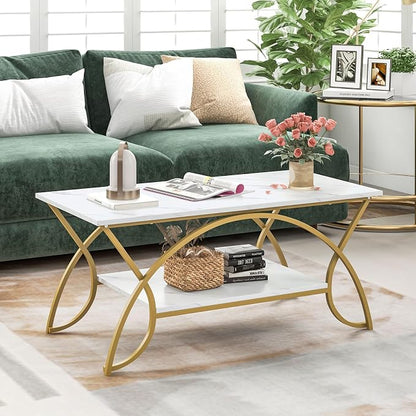 Giantex 2-Tier Rectangular Coffee Table, Faux Marble Table with Open Storage Shelf, Gold Finished Metal Frame, Modern Center Table for Living Room, Reception Room (White+Gold)